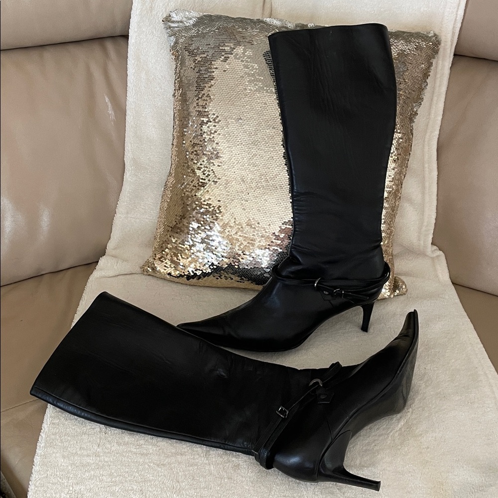 $395 Maria Pino Italy Black Leather Knee-High Boots 39.5 US 9.5